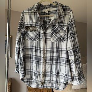 Vintage Havana Navy & White Plaid Button-Up Flannel w Stud Detail, sz M